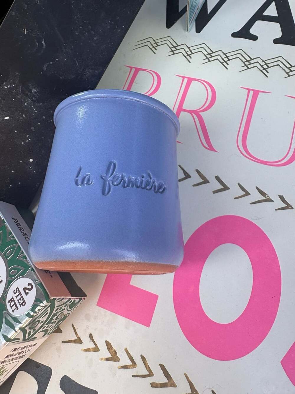 La Fermiere Terra Cotta Yogurt Pot Periwinkle Blue Glazed Ceramic Jar